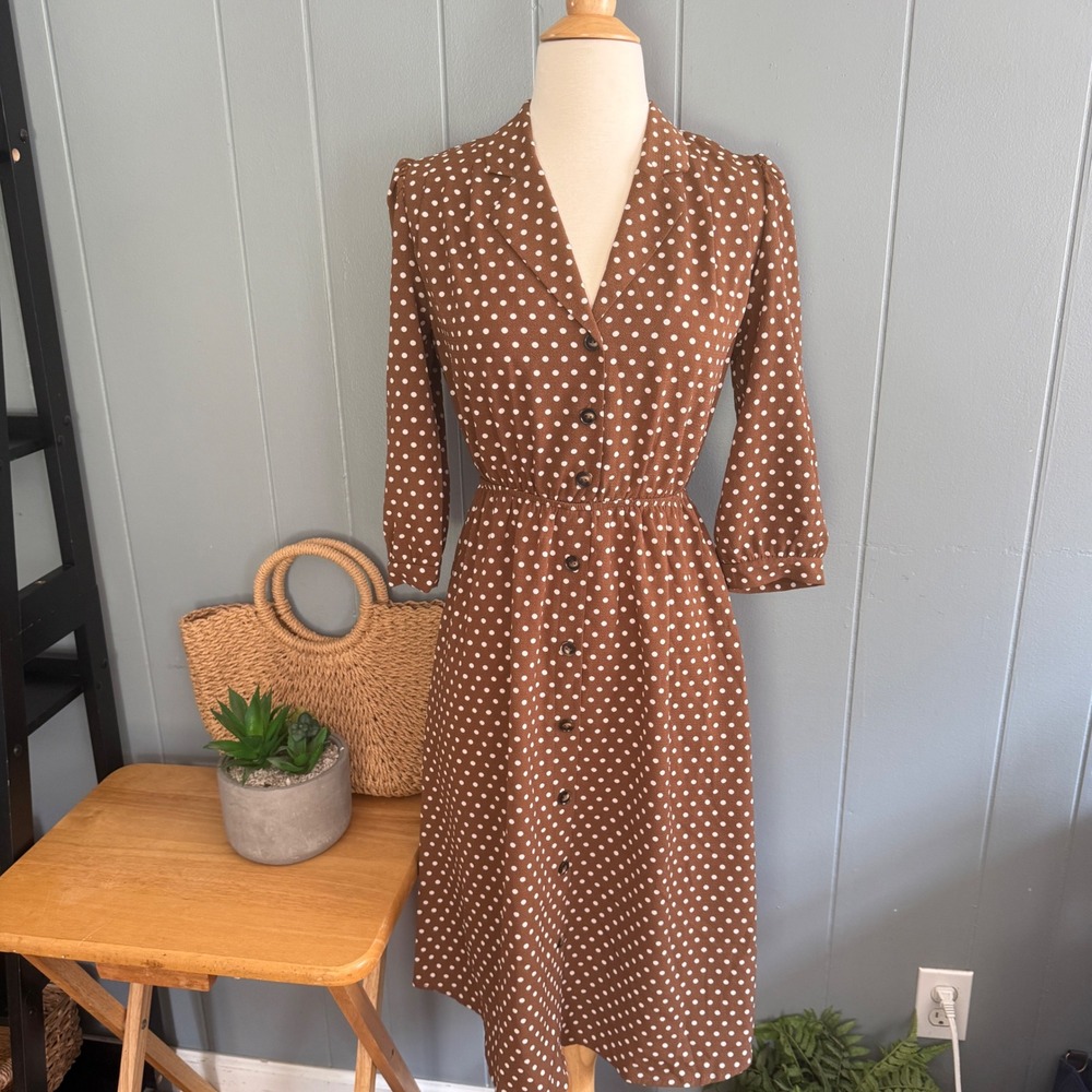 NWT Brown Polka Dot Midi Dress Pretty Woman Vivian Style Cottagecore Office Sz S